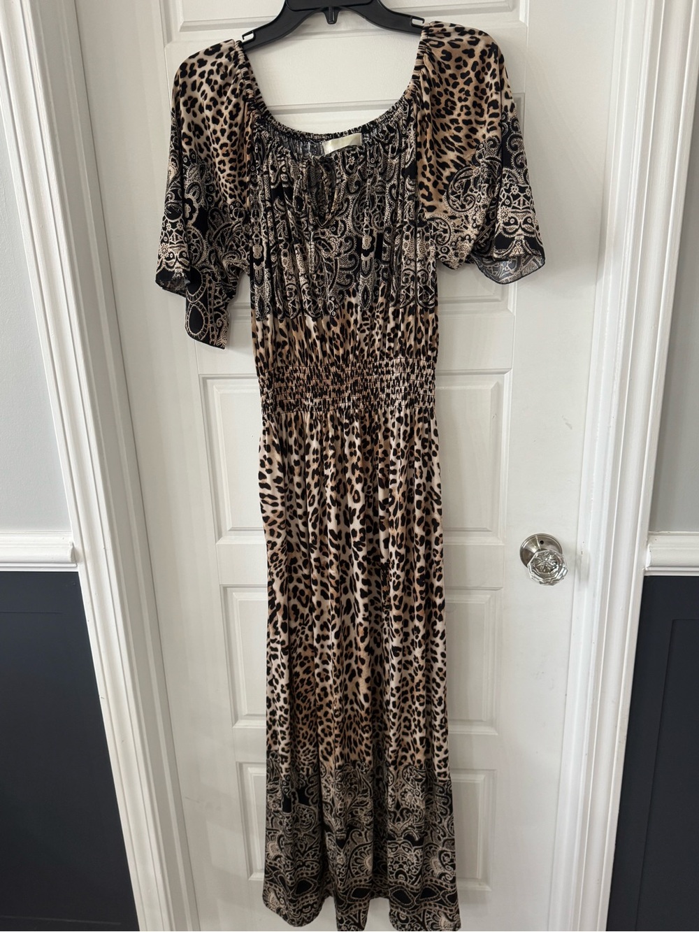 Smocked Waist Leopard & Paisley Maxi Dress in Tan and Black